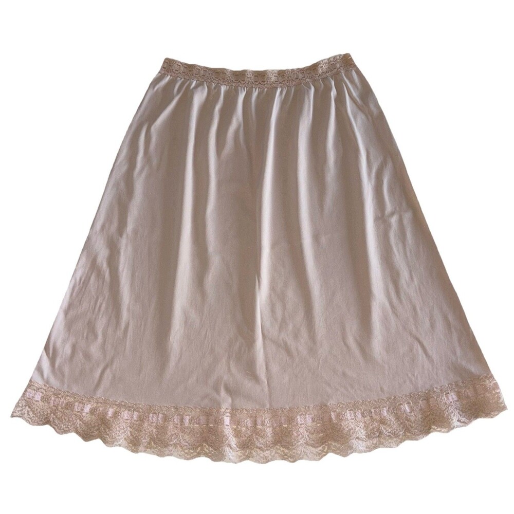 Vintage Olga Secret Hug Beige Half Slip Size Medium Blush Pink Ribbon Lace Trim